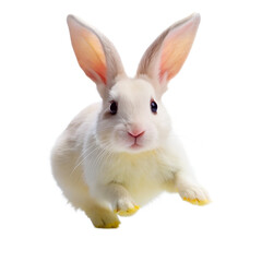 Fototapeta premium A small, white rabbit with pink ears appears to be mid-leap
