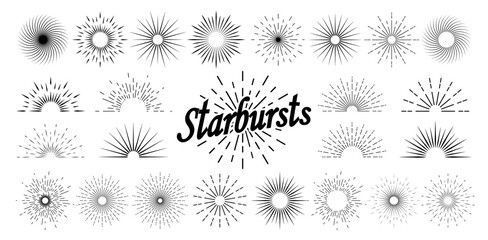 A set of solar bursts on a white background. Sunset and sun rays in vintage style. A collection of starbursts, fireworks, logos. Vector illustration.