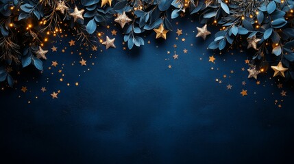 Festive holiday arrangement with golden accents on a dark blue background.