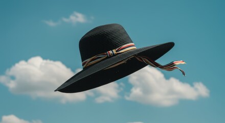Elegant straw hat floating against a bright blue sky with fluffy clouds