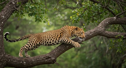 A Majestic Leopard Perched on a Branch in the Lush Green Forest Canopy