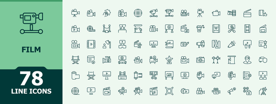 Film icon set. Minimalist vector collections. Related to cinema, media, theater, multimedia, television. Vector artwork and illustration. Media vector line icon set.