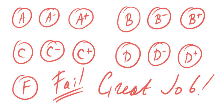 Exam letters grade marks doodle style set. School test results hand drawn sings. Teacher scores for homework. Vector handwritten scribble qualification rating and correction symbols isolated on white.