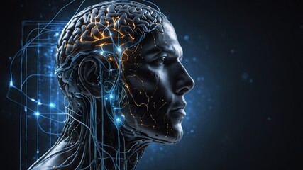 Brain-computer interface concept with a human head connected to glowing neural networks