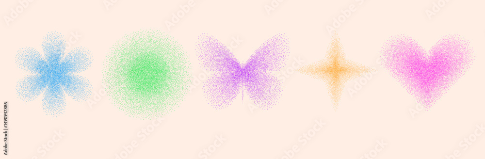 Poster colorful geometric shapes with grain noise gradient set. y2k retro stippling forms set. butterfly, c