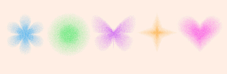 Colorful geometric shapes with grain noise gradient set. Y2k retro stippling forms set. Butterfly, circle, heart and star icons isolated on beige background. Vector pastel colors illustration.