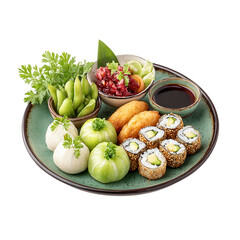 A green plate displays an arrangement of various Japanese culinary dishes.