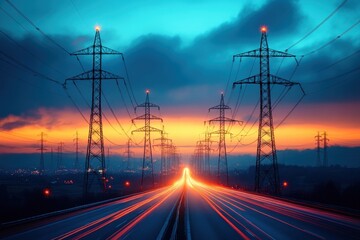 Sunset illuminates power lines along a highway with streaks of light from passing vehicles