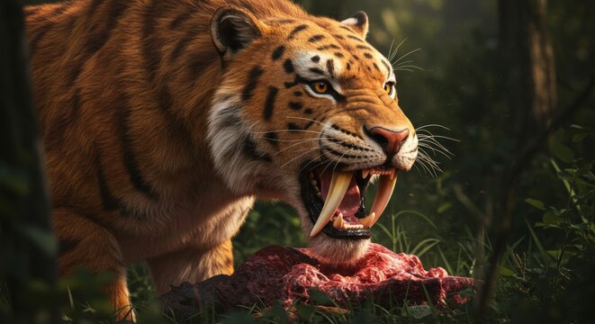 Ferocious sabertooth tiger devouring its prey in the dense forest with menacing fangs