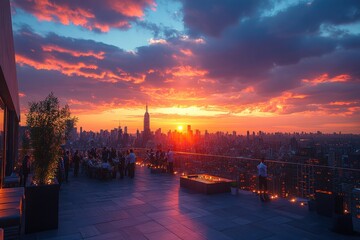 Vibrant sunset over New York City skyline with people gathering on rooftop terrace for evening celebration