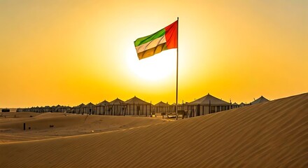 A golden desert sunset with the UAE flag waving in the wind traditional Emirati tents in the background 