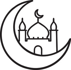 thin line mosque icon with moon. 