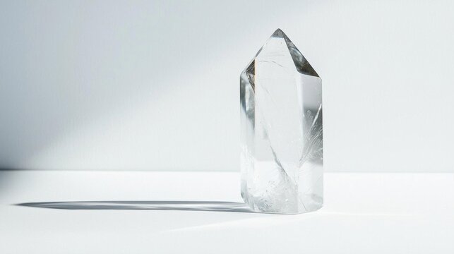 Photograph of a clear crystal point on a white surface. the crystal is in the shape of a triangular prism with a pointed top and a pointed bottom.