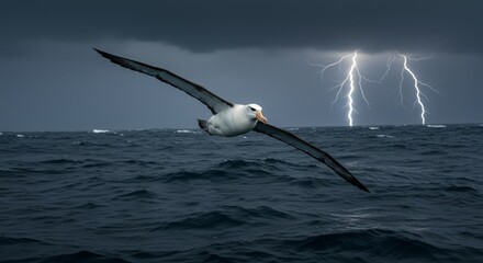 Albatross soars above turbulent ocean illuminated by distant lightning
