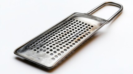 A metal grater for grating fruits and veggies. It has small and large holes. Isolated on a white background.
