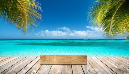 Fototapeta premium tropical beach paradise with turquoise water palm trees and a blank wooden sign