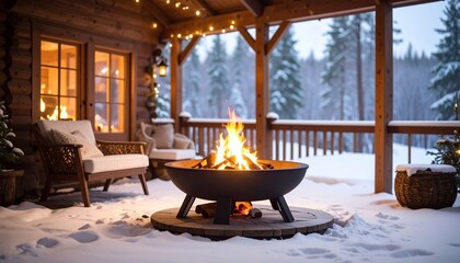 Obraz premium Cozy Winter Fire on Snow Porch.