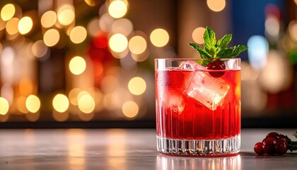 Cranberry Cocktail on Bar Counter.