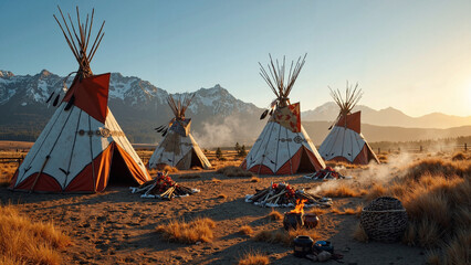 Traditional Native American teepees in vast natural landscapes, ideal for travel brochures, cultural campaigns, and historical documentaries    keywords:   teepees, Native American, traditional, 