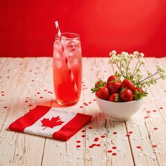 A festive canada day arrangement with a drink strawberries and flag on a wooden surface with confetti