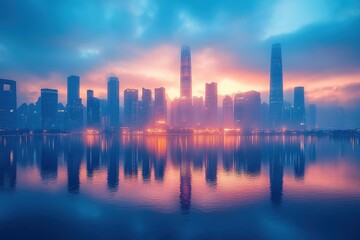 City skyline reflects vibrant sunset over calm water with dramatic clouds in the sky