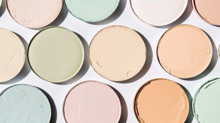 Collection of circular makeup palettes arranged in a grid-like pattern on a white background. the palettes are of different shades of eyeshadow, ranging from light pastels to darker shades.