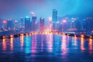 Fototapeta premium City skyline illuminated by colorful lights reflecting on wet pavement during a rainy night