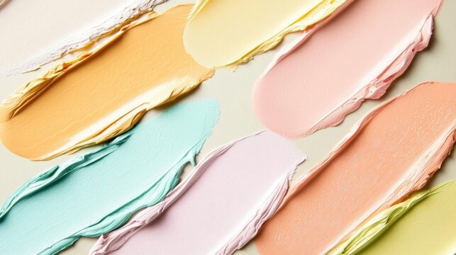 Close-up of multiple swatches of foundation or concealer in different colors. the swatches are arranged in a scattered manner, with some overlapping each other.