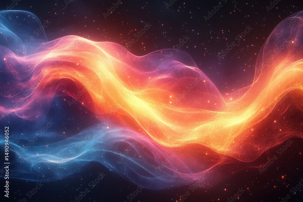 Poster colorful abstract waves of light flow through a dark starry background creating a mesmerizing visual