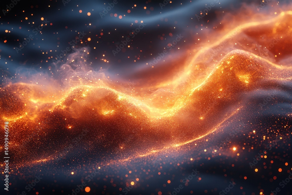 Poster vibrant orange and shimmering gold waves create a mesmerizing visual display in an ethereal cosmic l
