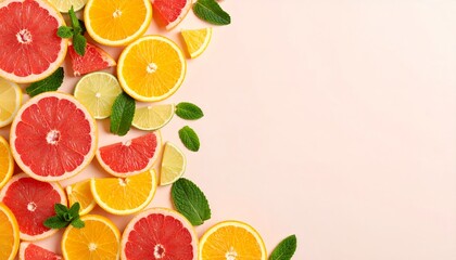 Healthy food background - An arrangement of grapefruit, orange, lime, and lemon slices with green mint leaves on a light peach background. The layout is asymmetrical and vibrant.