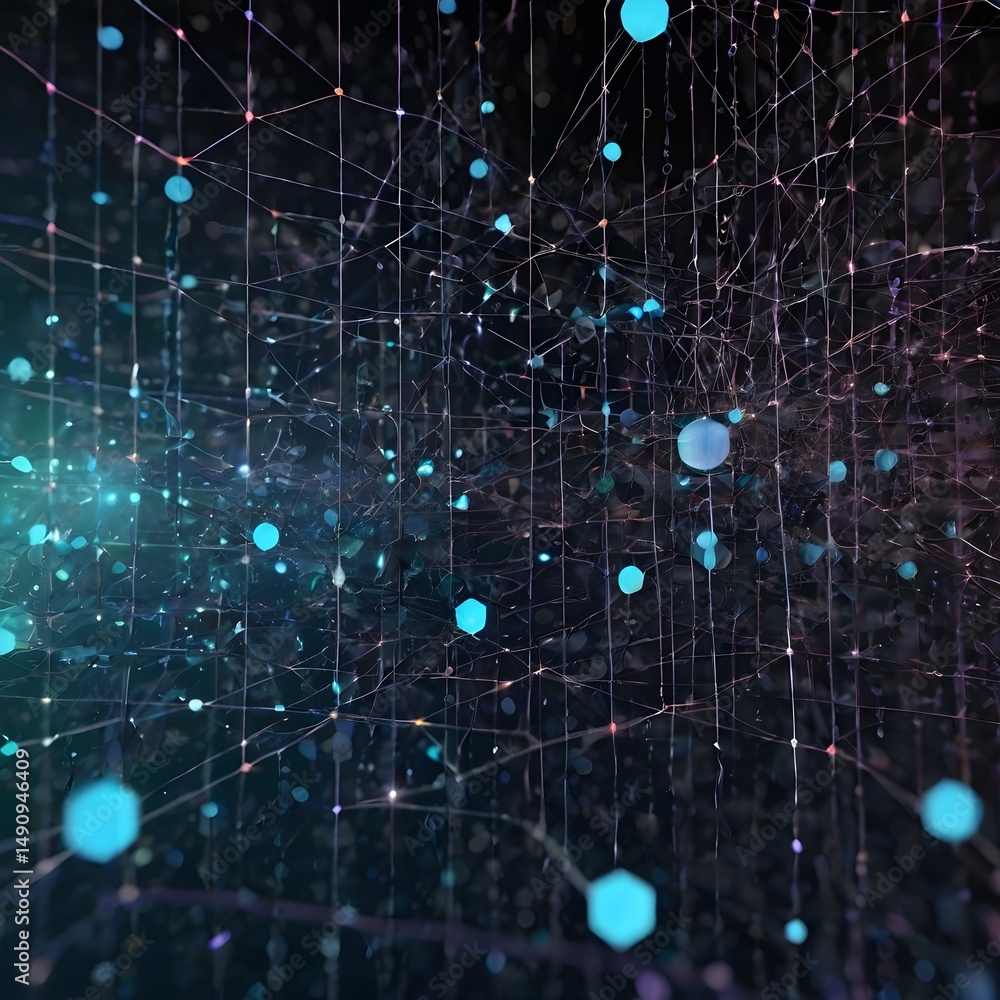 Poster cyber big data flow particles bokeh. digital neural network. concept of ai artificial intelligence t