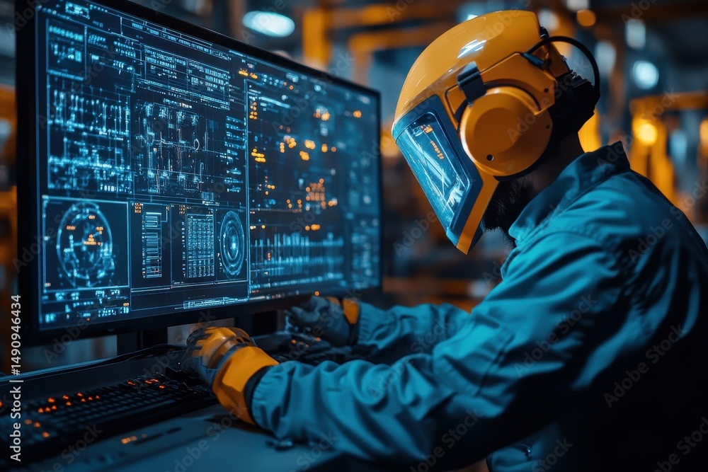 Poster technician in protective helmet working on advanced computer system in high-tech facility at nightti