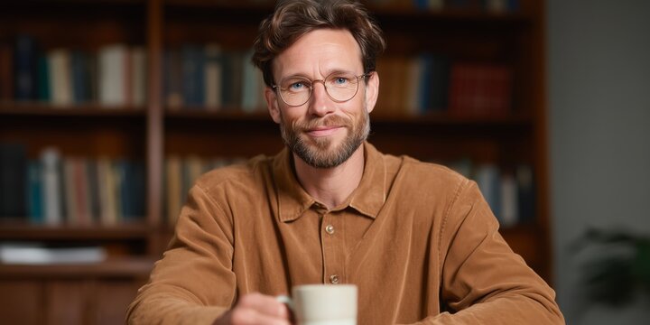 Professor conducting remote lecture in study with coffee mug