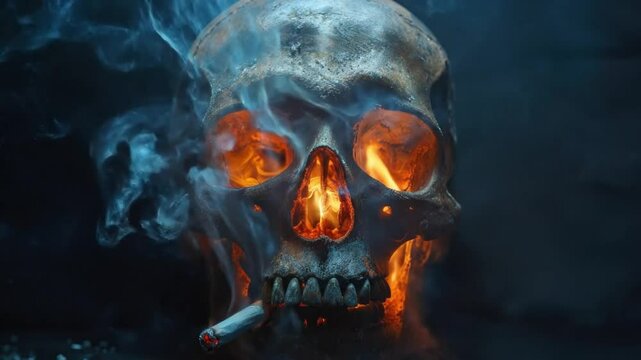 A human skull holding a smoking cigarette in its teeth in clouds of cigarette smoke symbolizes Smoking kills. Quitting smoking, No smoking
