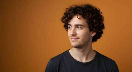 Obraz premium Portrait of a young man with curly hair against a warm orange background professional studio shot