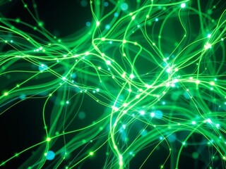 A vibrant abstract background features shimmering green and blue data streams interwoven with glowing light trails, creating a dynamic digital network texture.