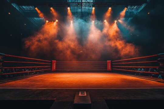 Fototapeta Atmospheric boxing ring illuminated by smoky lights during a night event in a sports arena