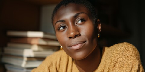 Empowering education journey: non binary student immersed in study with books in cozy space