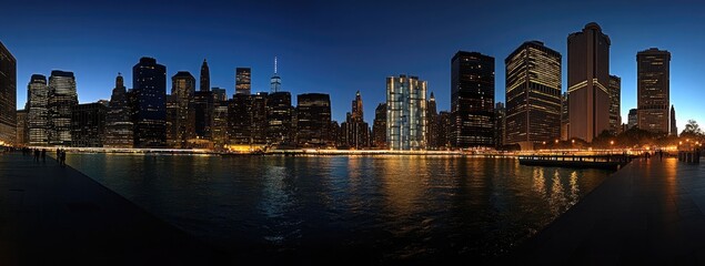 Panoramic Skyline View of Manhattan Reflecting in East River at Blue Dusk