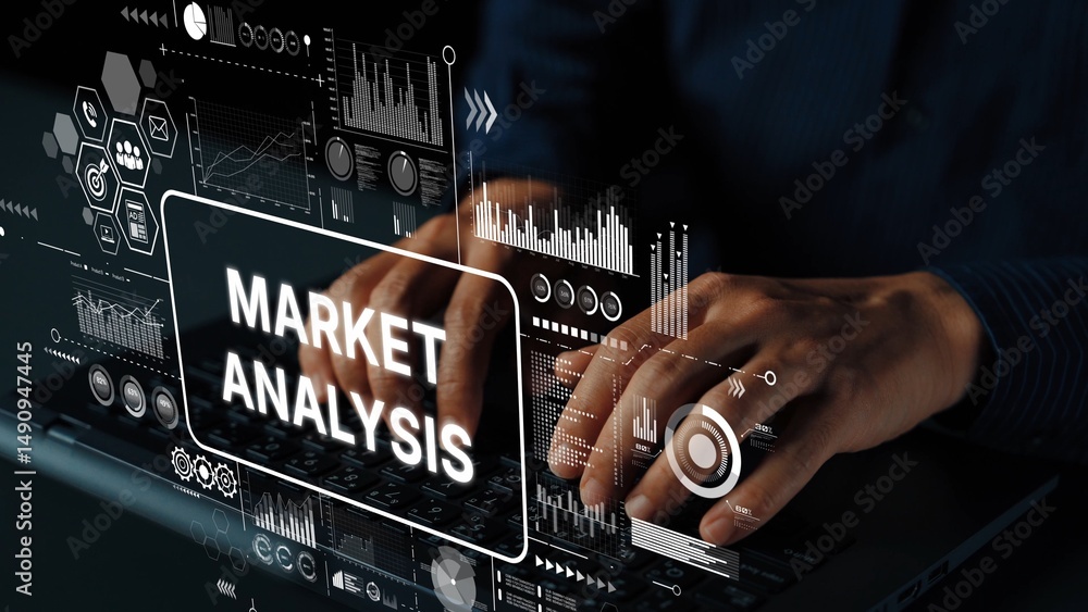Poster hands typing on laptop with digital market analysis graphics for financial research and business ins