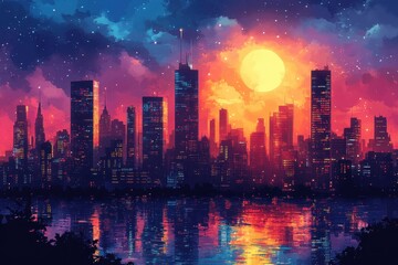 Obraz premium Vibrant city skyline during sunset with colorful reflections on water