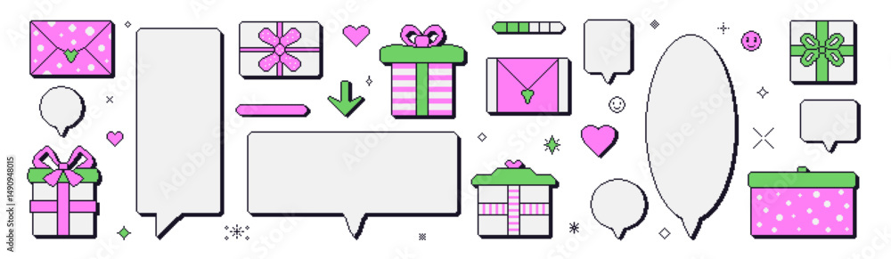 Poster pixel art speech bubbles and giftboxes set. 8 bit retro callouts with birthday presents and hearts. 