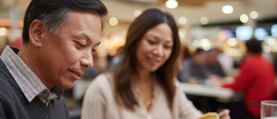 Dining conversation between latinx man and middle-aged asian woman enjoying tacos at a restaurant
