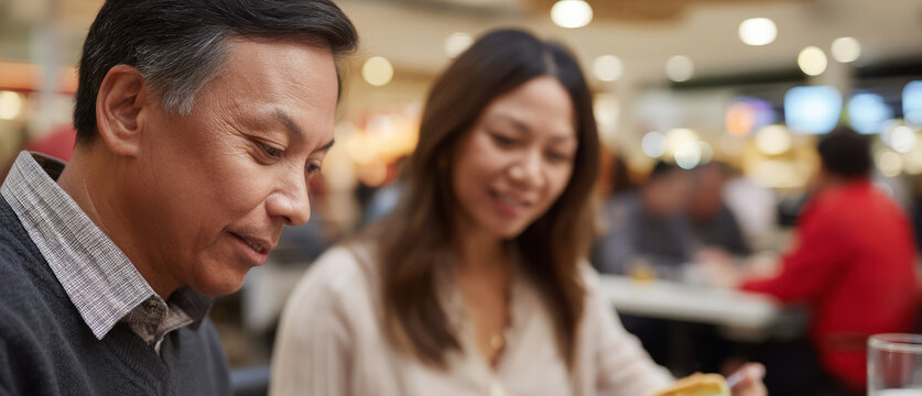Dining conversation between latinx man and middle-aged asian woman enjoying tacos at a restaurant