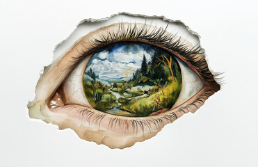 water color eye with nature and a lake inside, on a white background
