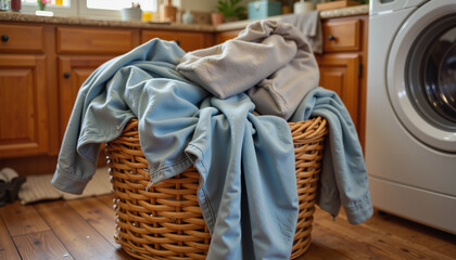Pile of laundry in a wicker basket near washing machine in kitchen  