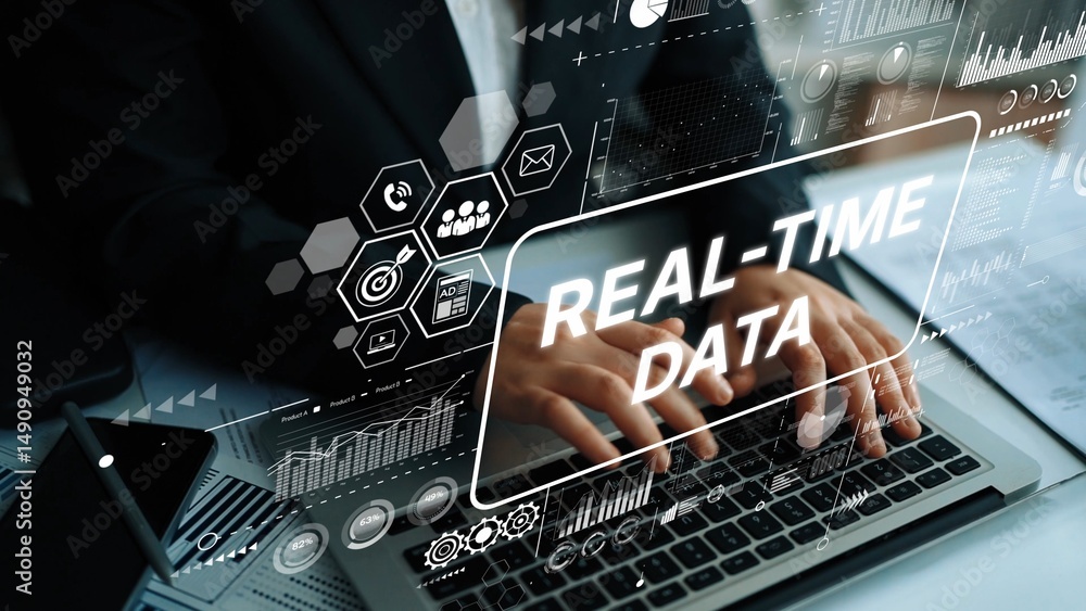 Poster business professional working with real-time data analysis on a modern laptop with technology graphi
