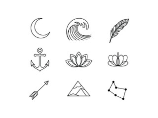 Fototapeta premium Minimalist line art icons set moon wave feather anchor lotus flower arrow mountain constellation