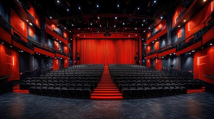 Empty modern theater auditorium with red curtains and tiered seating.